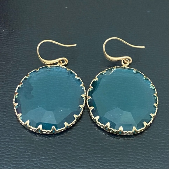Unsigned Blue Topaz Faceted Glass Round Bezel Drop Earrings 11.8g - Picture 4 of 15
